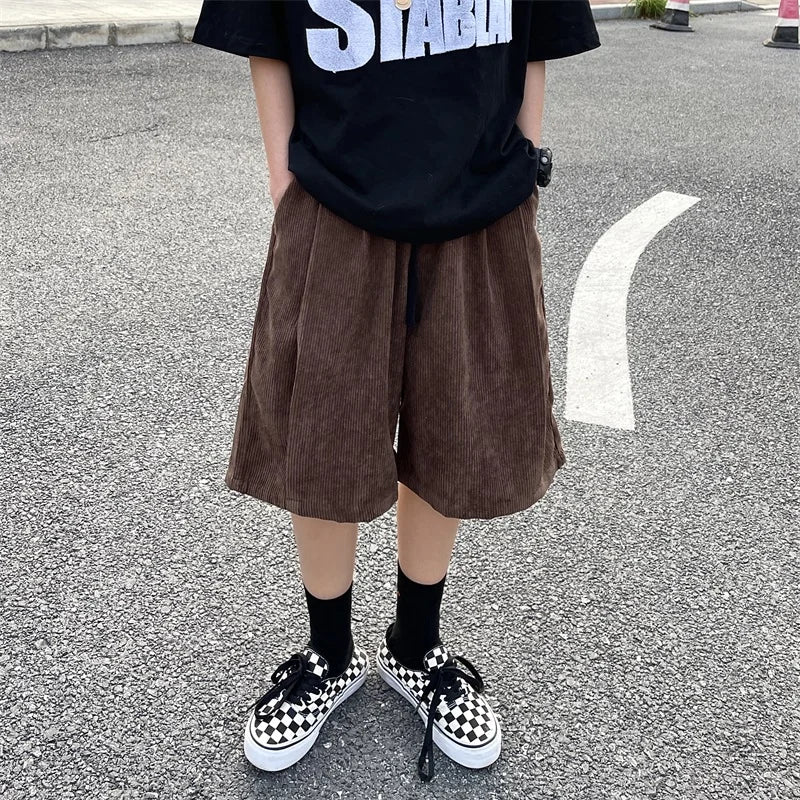 Brown Corduroy Shorts Oversized Baggy Five Point Trousers Summer Korean Fashion Wide Leg  Ins Hip Hop Bottoms Men