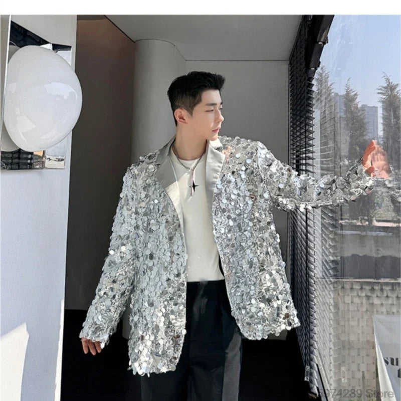 Men's Sequins Blazer Glitters Bling Suit Jacket Singer Stage Shiny Clothing Black Silver Oversize Party Suit Coat Man