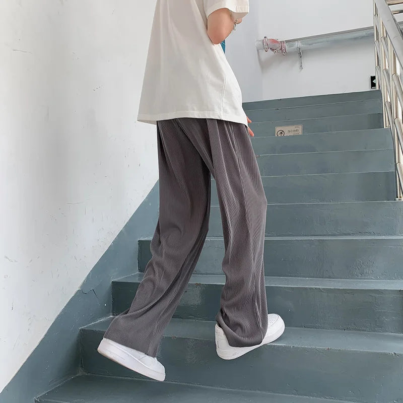 Summer Pleated Pants Men Oversized Gray Black Casual Trousers Men Japanese Streetwear Loose Wide Leg Pants Mens Ice Silk Pants