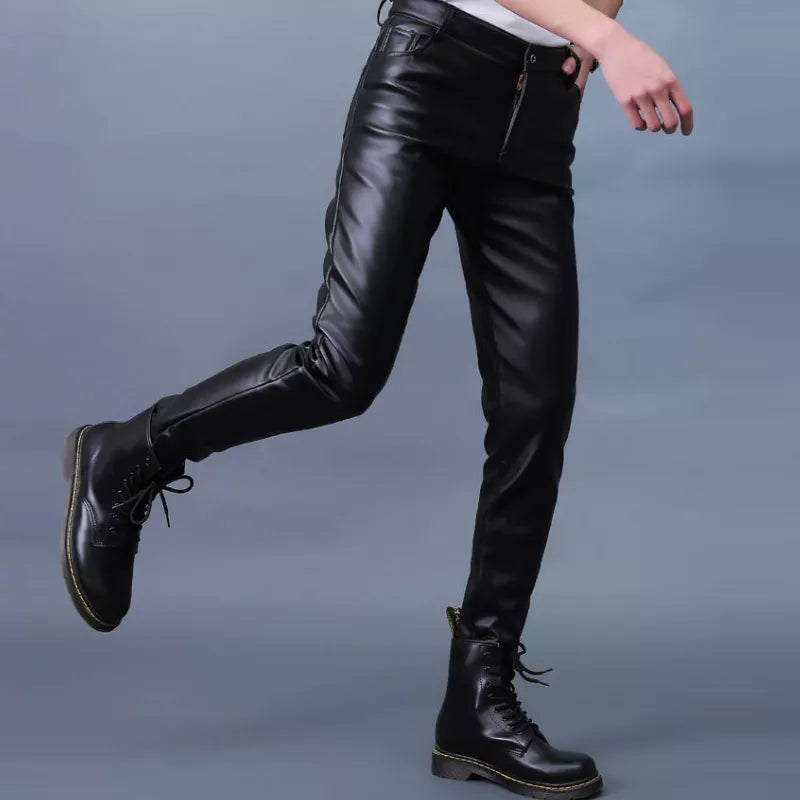 Men Leather Pants Slim PU Leather Trousers Fashion Elastic Motorcycle Leather Pants Waterproof Oil-Proof Male Bottoms Oversized