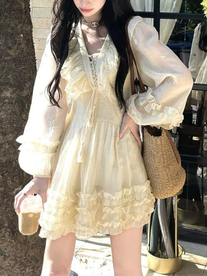 xsrrr Sweet Ruffle Fairy Mini Dress Women Sexy V-neck Korean Style Princess Dress Autumn Design Elegant Women's Dresses for Party