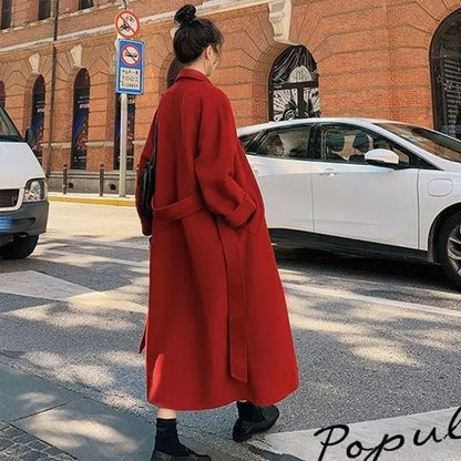 xsrrr New Large Size Hepburn Style Red Woolen Coat for Women Autumn and Winter Fat Mm Loose Long Thick Woolen Coat