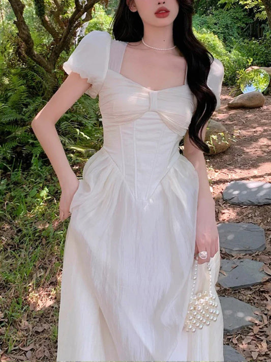 xsrrr DRESS TO IMPRESS Elegant Korean Fairy Dress Women White Sweet Puff Sleeve Casual Dress Female Court Vintage Party Midi Dress 2024 Summer Fashion