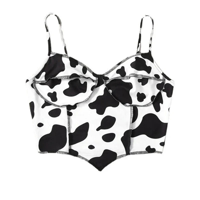 xsrrr Summer Sexy Women's Cow Print Ruffled Tank Top Print Contrast Stitching Camisole Tank Top