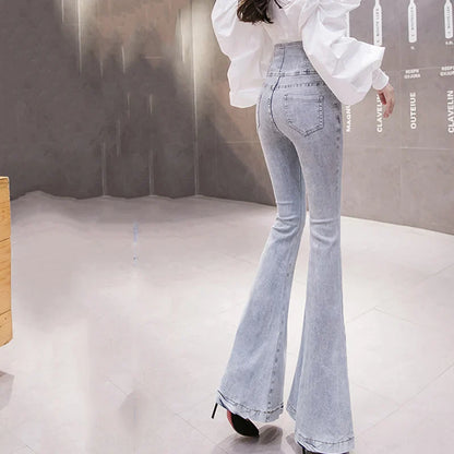 xsrrr Single Breasted High Waist Flare Jeans For Women Spring Autumn High Street Slim Boot Cut Denim Pants Ladies Fishtail Jeans