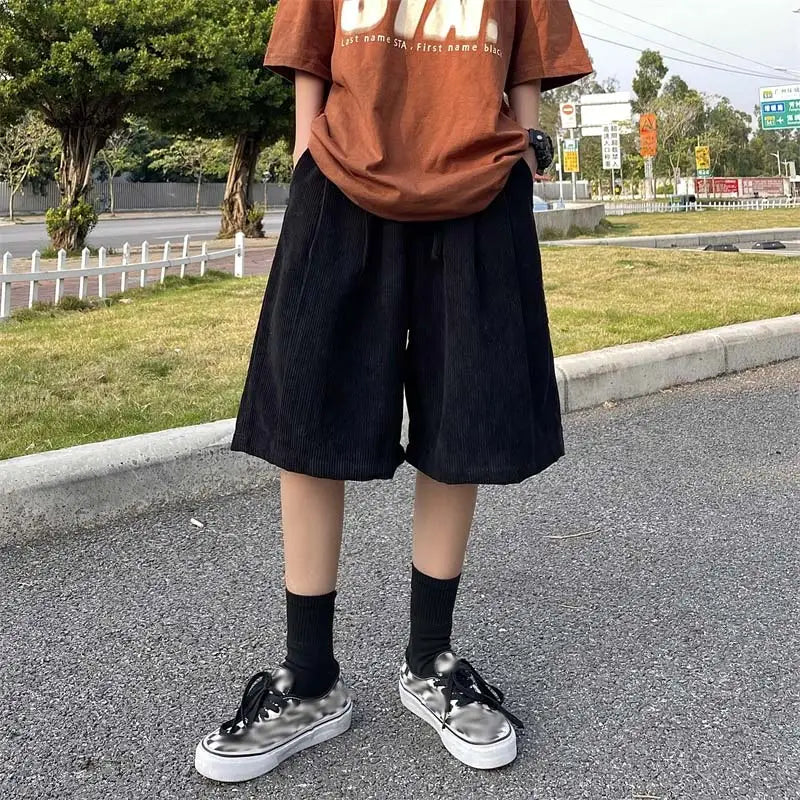 Brown Corduroy Shorts Oversized Baggy Five Point Trousers Summer Korean Fashion Wide Leg  Ins Hip Hop Bottoms Men