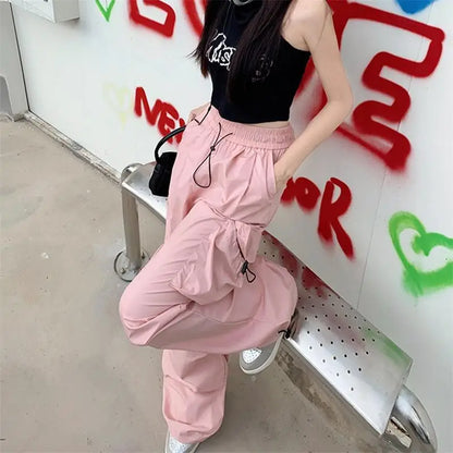 xsrrr Y2K Parachute Black Pants Women Hippie Streetwear Oversize Pockets Cargo Trousers Harajuku Wide Leg Baggy Sweatpants