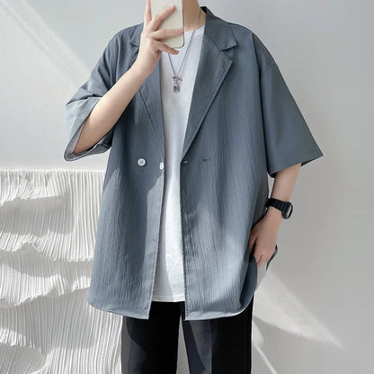 Summer Short Sleeved Shirt Men Fashion Society Mens Dress Shirt Korean Loose Casual Shirt Mens Oversized Pleated Shirts M-3XL