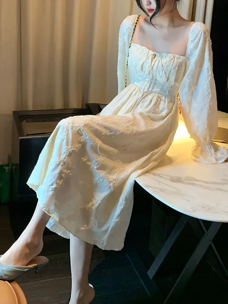 xsrrr DRESS TO IMPRESS Spring Elegant Long Fairy Dress Women Sweet Embroidery Flare Sleeve Casual Dress Office Lady Fashion Korean Party Dress Y2k