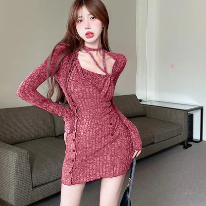 xsrrr FALL OUTFITS Women Long Sleeve Tight Dress Split Short Slim Fit Dress Lady Autumn Hanging Neck Dress Sexy Party Halter Elastic Bodycon Dress