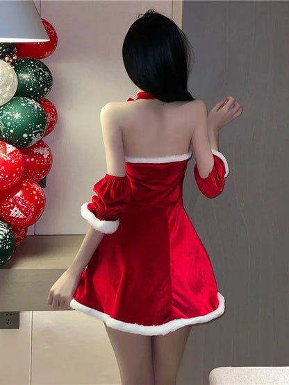 xsrrr Sexy New Year Christmas Red Spicy Girl Plush Sex Mini Dress Girl Hot Sexy Korean Women Spice Girls Uniform New Top