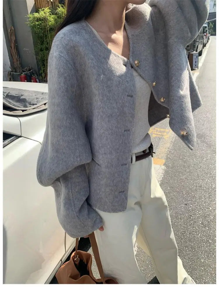 xsrrr Short Woolen Jackets Autumn/Winter Korean-Style Metal Single Breasted Round Neck Loose Rabbit Hair Women Wool Coats