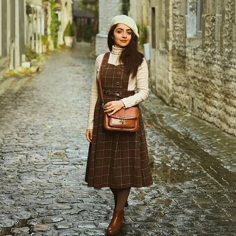 xsrrr DRESS TO IMPRESS Vintage Korean Two Piece Set Dress Women Autumn Winter Plaid Woolen Spaghetti Strap Dress With Belt Long Sundress Vestidos