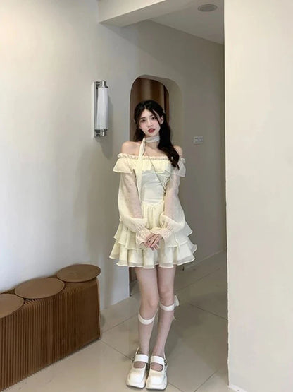 xsrrr Summer Elegant Ruffles Fairy Dress Women Casual Sweet Lolita Party Dress Long Sleeve One Piece Dress Korean Female Fashion