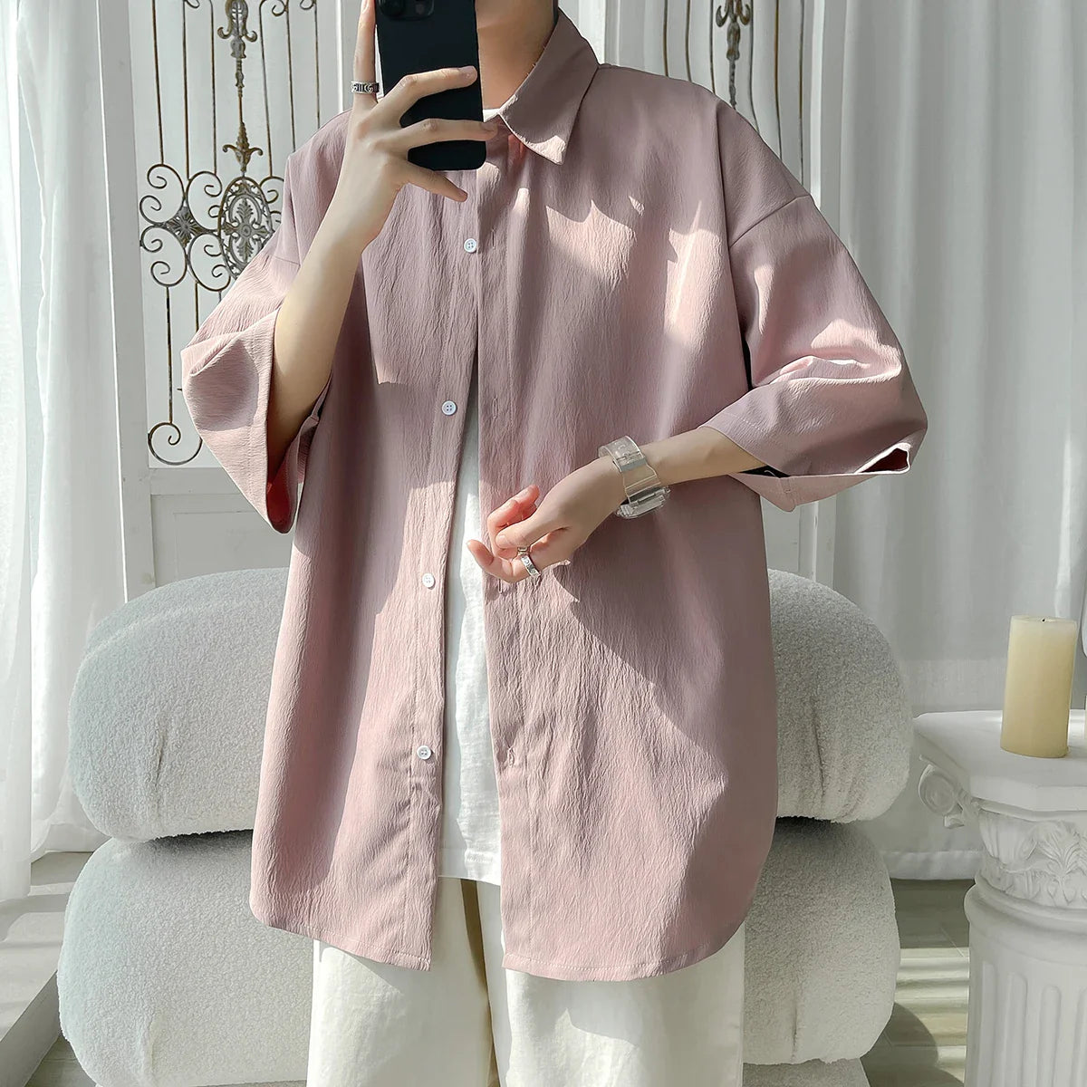 Summer Short Sleeved Shirt Men Oversized Fashion Casual White Shirt Men Korean Loose Ice Silk Shirt Mens Formal Shirts