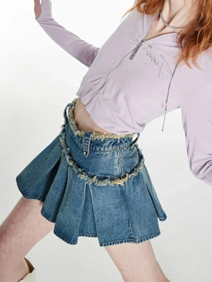 xsrrr Streetwear Pleated Skirt Denim Women Sexy Y2k Mini Skirt Summer Chic High Waist Korean Fashion Slim Aesthetic Harajuku