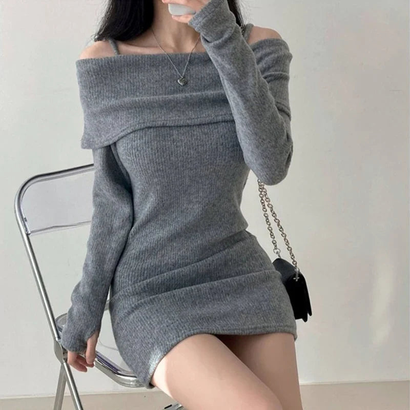 xsrrr FALL OUTFITS Y2K Women Knitted Mini Dress Korean Sexy Off Shoulder Female Dress Spring New Spaghetti Strap Long Sleeve Ladies Vestidos