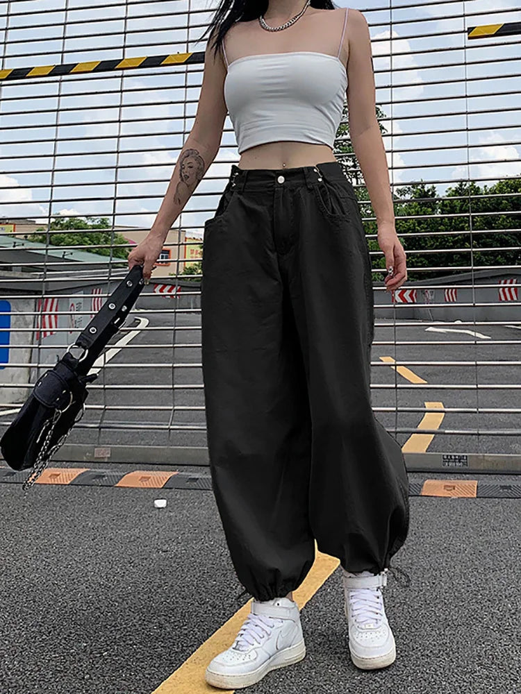 xsrrr Y2K Fashion Khaki Oversized Cargo Pants Hip Hop Style Loosed Adjustable Waist Drawstring Long Pant Streetwear 90s Autumn