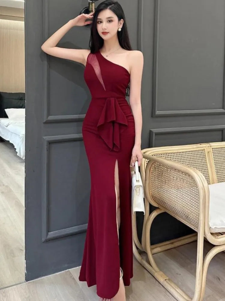 xsrrr Women Sexy Backless Slim Split Long Dress Summer Fashion Elegant Sleeveless Off Shoulder Elegant Club Party Mesh Dresses