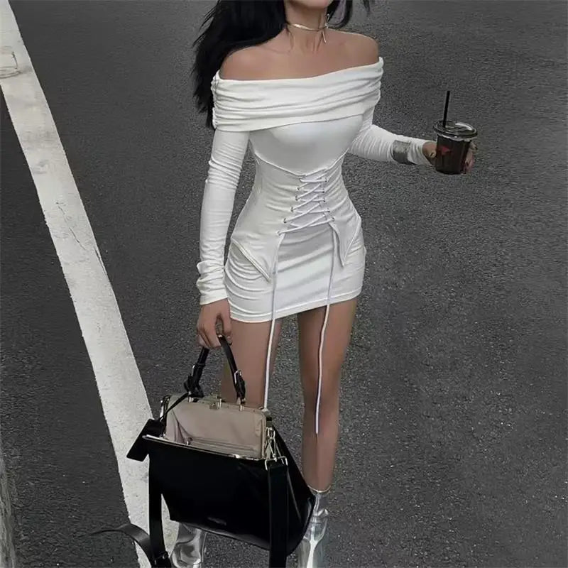 xsrrr DRESS TO IMPRESS Autumn White Dresses Women Y2k Sexy Off Shoulder Fake Two Piece Solid Slim Fashion Dress Long Sleeves Lace Up Mini Dress Bodycon