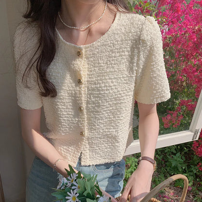 Hnewly Korean Chic O-neck Short Sleeve Shirt Women Fashion Buttons Slim Short Tops Female Blouse Ladies Elegant Summer Blouses