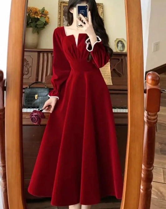 xsrrr DRESS TO IMPRESS Women Vintage A-line Wedding Party Dress Autumn Fashion Elegant Long Sleeve Backless Red Vestidos Female Princess Robe Spring