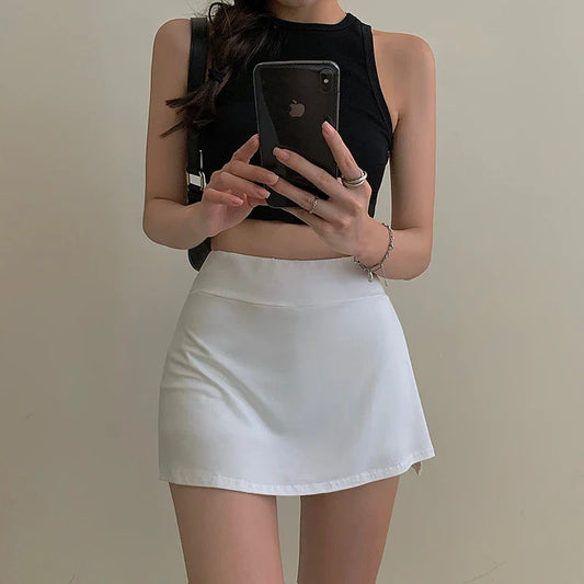 xsrrr Black White Split Mini Skirts Women Summer Sexy Girls Sporty High Waist Slit Skirt Casual Fashion Slim A Line Skirt