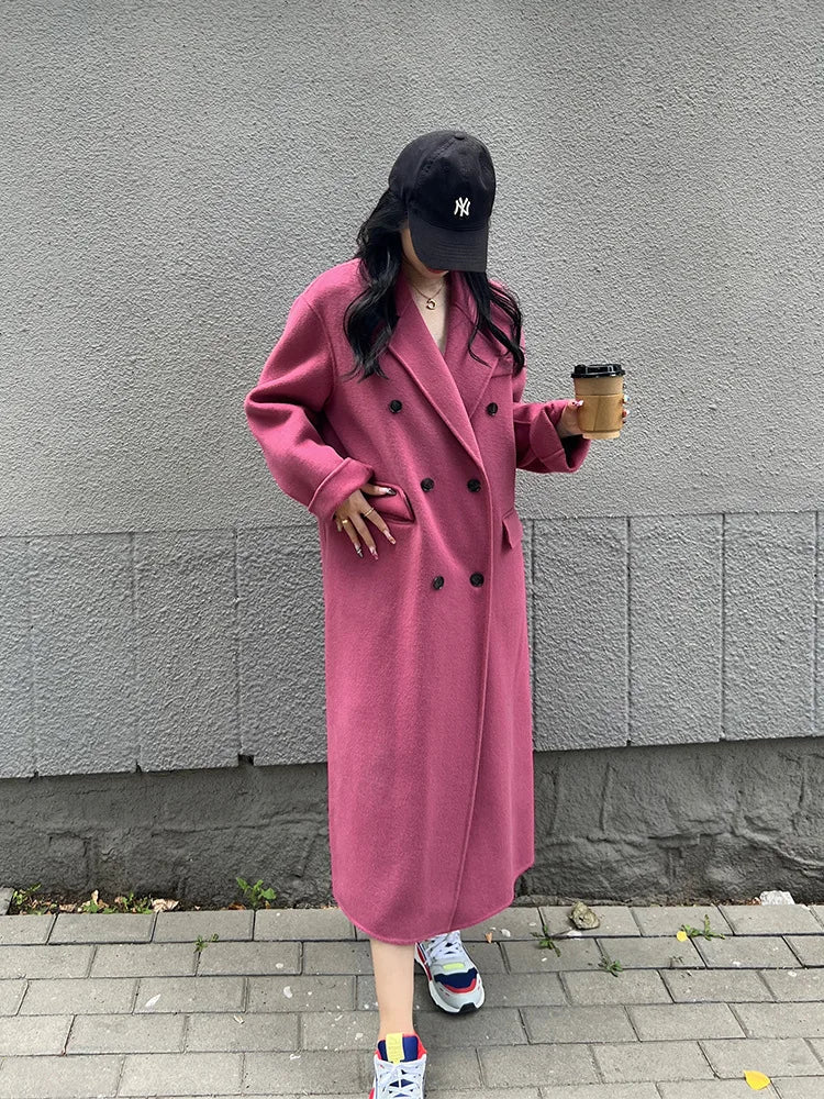 xsrrr Office Lady Suit Collar Long Woolen Jackets Winter Korean Style Double Breasted Long Loose Women 100% Wool Coats