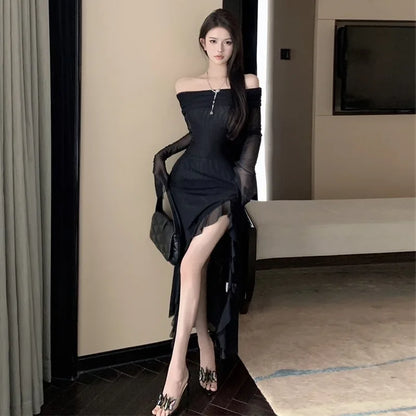 Women Black Sexy Long Dress Off Shoulder Elegant Irregular Ruffle Split Evening Party Dresses Bodycon Gothic Lace Dress