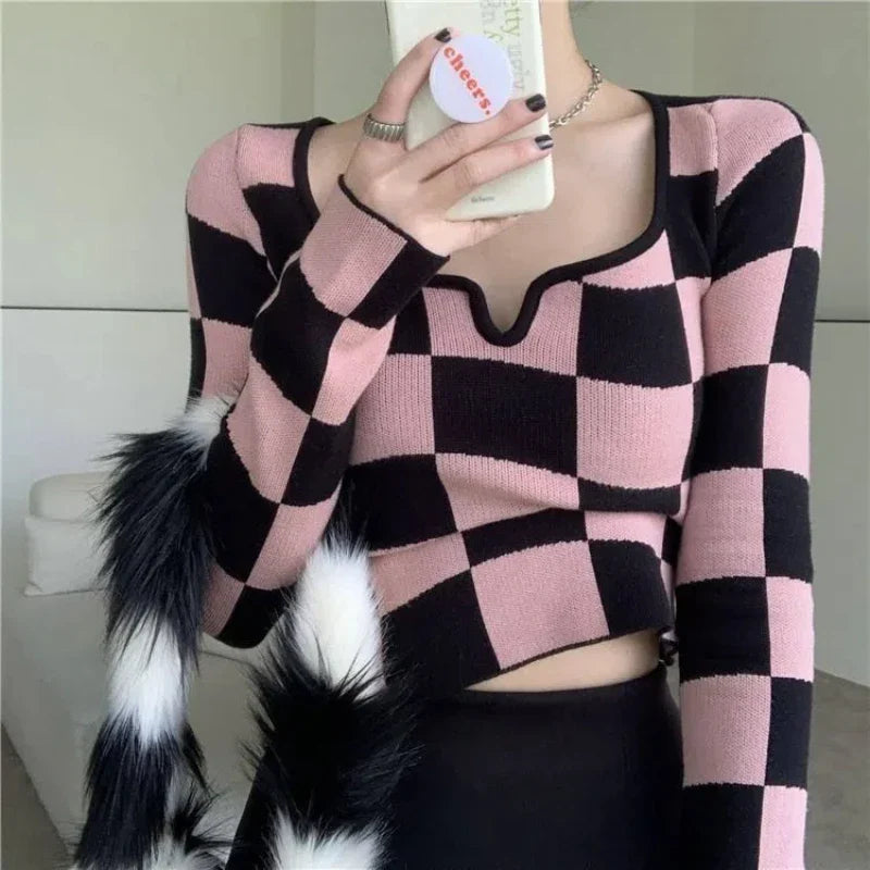 Hnewly Y2K Plaid Knitting Sweaters Autumn New Long Sleeve Slim Youth Short Korean Pullovers Top Fashion Temperament Women Clothing