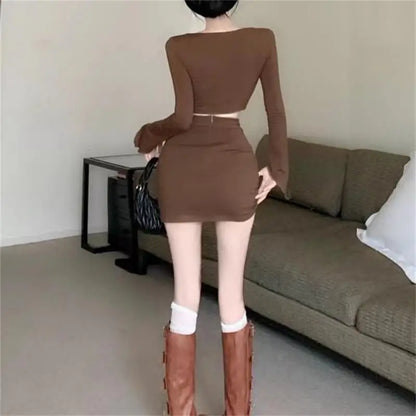 xsrrr Autumn Sexy Two Pieces Skirt Set Women Y2k Long Sleeve Crop Top T-shirt + Skirt Fashion Aesthetic Streetwear Female Suit