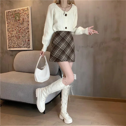 xsrrr Skirts Women Woolen Tender Fashion High Waist Retro Plaid Elegant A-line Casual Ladies Minimalist All-match Autumn Korean Style