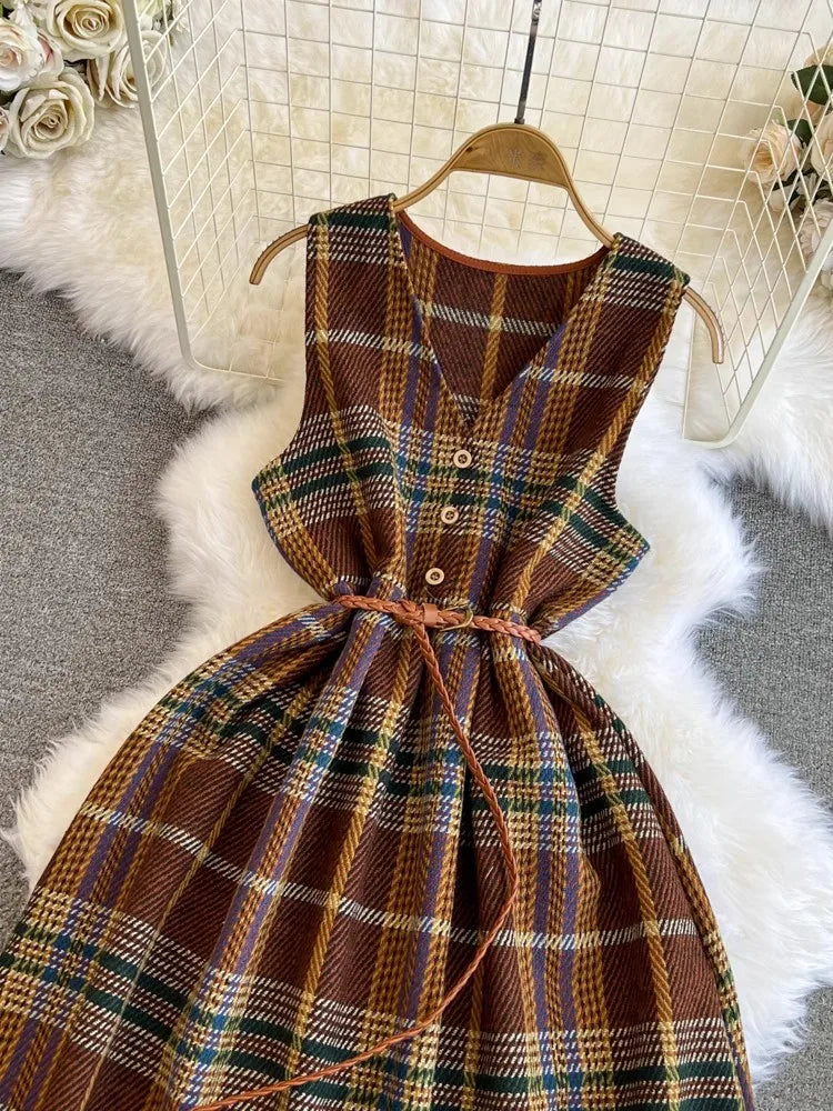 xsrrr Autumn Winter Plaid Woolen Dress Women Vintage V Neck Sleeveless Long Dress With Belt Streetwear Sundress