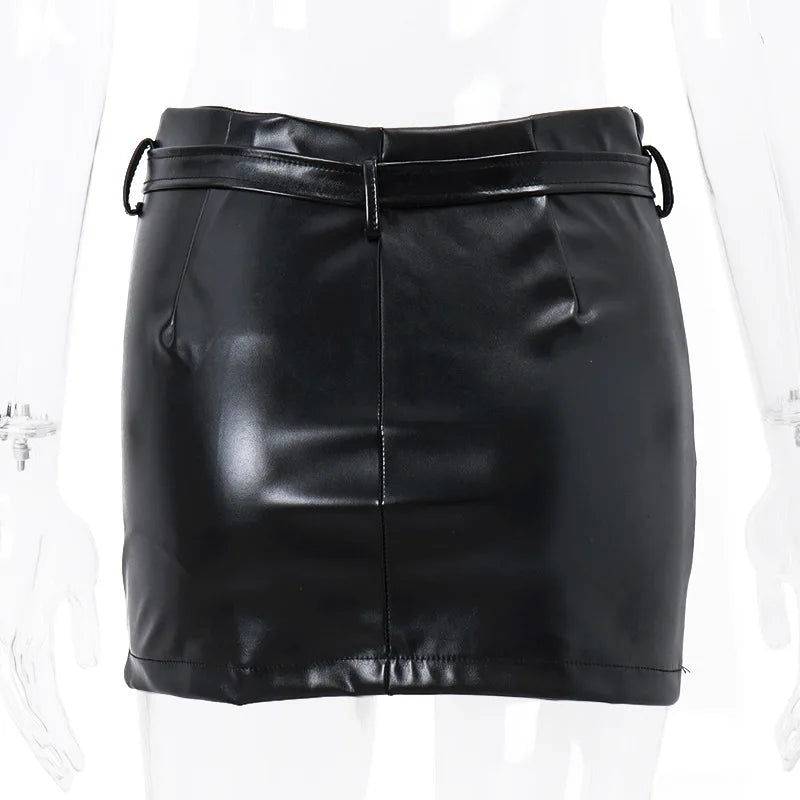 xsrrr Sexy PU Leather Mini Skirt Women Summer High Waist Slim A-line Skirt Female Y2K Vintage All-match Casual Black