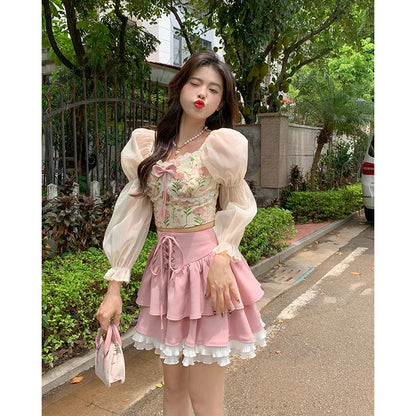 xsrrr Autumn Pink Kawaii Mini Skrts Women Lace Patchwork Korean Fashion Party Skirt Female Casual Chic Designer Bandage Skirts