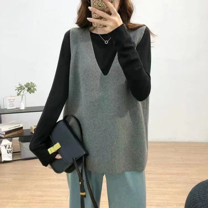 xsrrr New Korean Style Sleeveless Knitting V-neck Female Sweater Vest Loose Casual Office Ladies Autumn Women's Sweater Vest