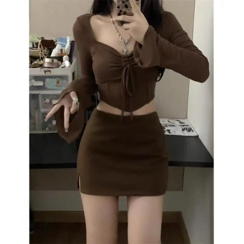 xsrrr Autumn Sexy Two Pieces Skirt Set Women Y2k Long Sleeve Crop Top T-shirt + Skirt Fashion Aesthetic Streetwear Female Suit