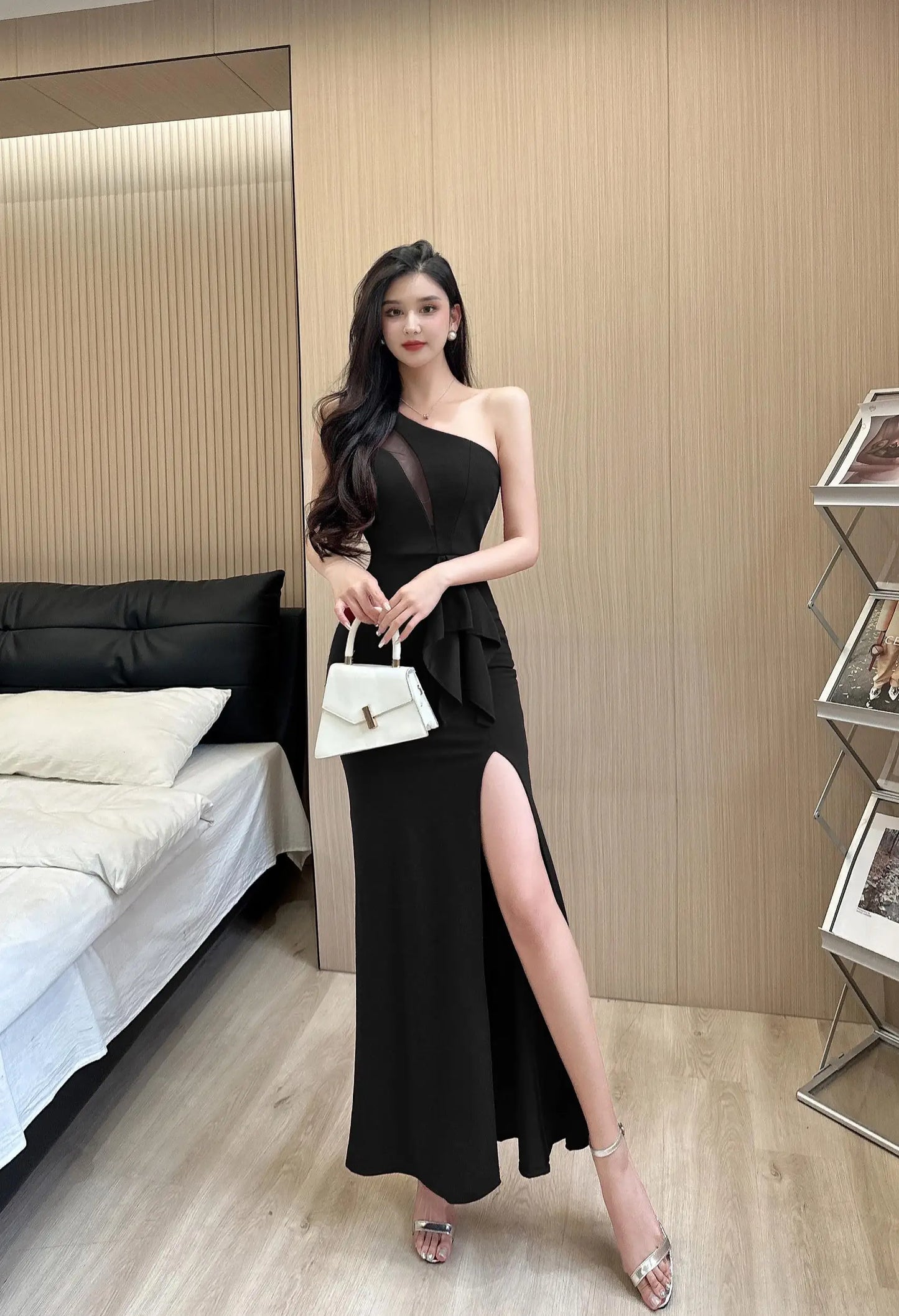 xsrrr Women Sexy Backless Slim Split Long Dress Summer Fashion Elegant Sleeveless Off Shoulder Elegant Club Party Mesh Dresses