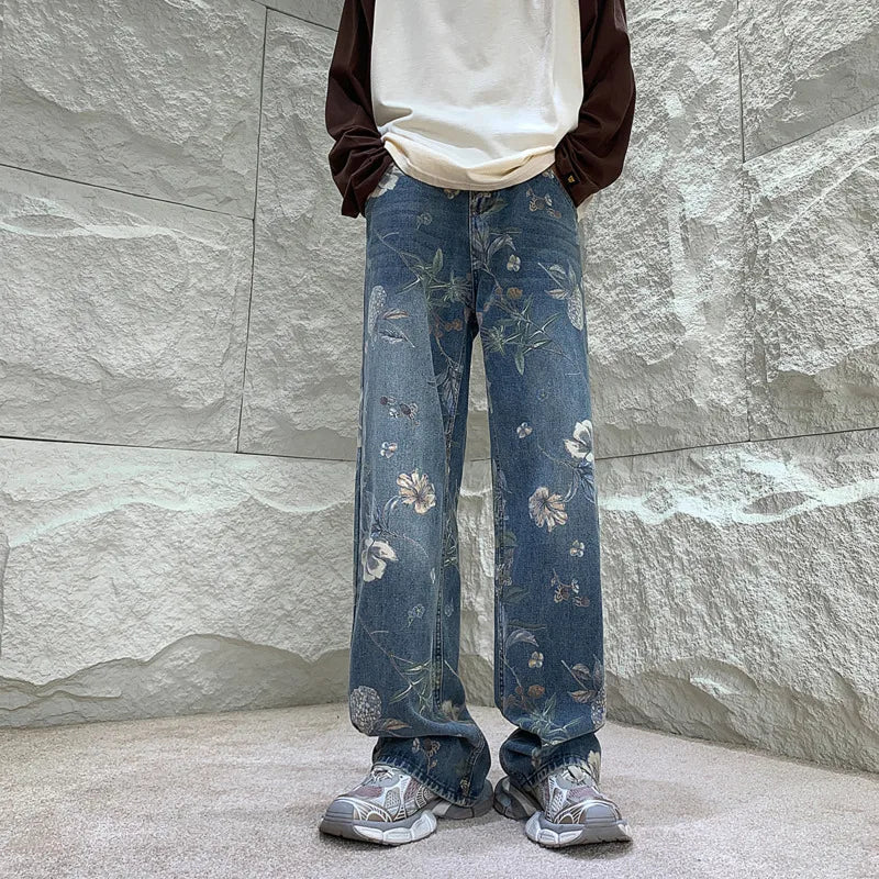 Baggy Flower Jeans Men Fashion Oversized Wide Leg Jeans Men Streetwear Hip-hop Loose Straight Denim Pants Mens Trousers S-XL