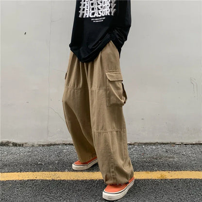 Khaki Cargo Pants Men Elastic Waist Baggy Trousers Fashion Overalls Oversized Bottoms Summer Vintage Male Y2K Clothes Streetwear