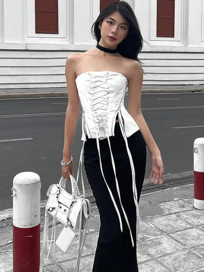 xsrrr Streetwear Lace -up Bandage Corset Bodycone Off Shoulder Chic Aesthetic Y2K Crop Top Women Korean Summer Bustiers Camis