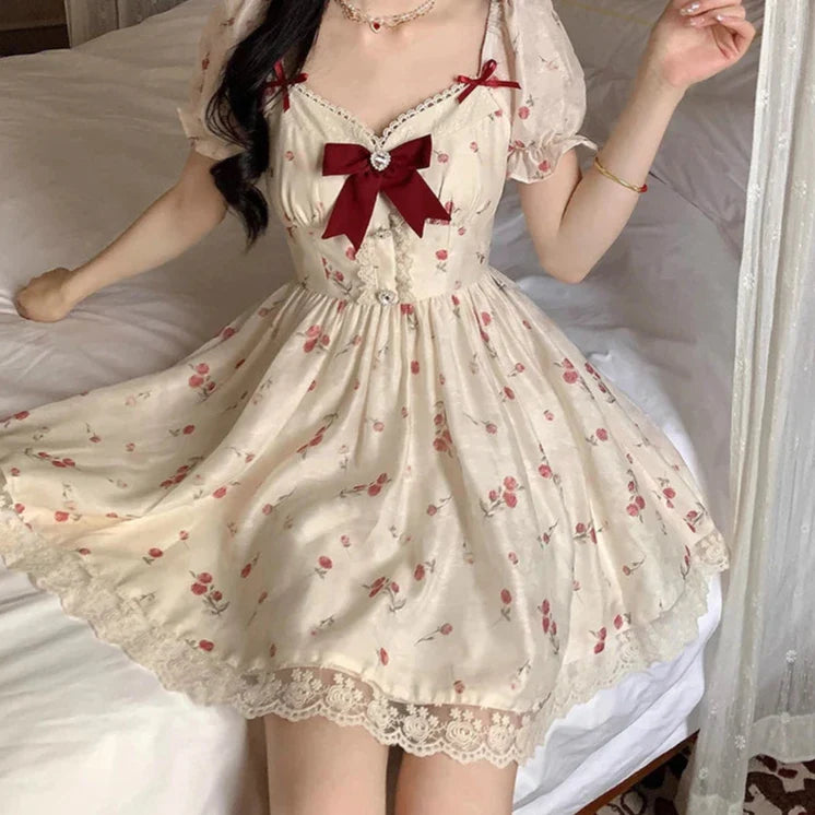 xsrrr DRESS TO IMPRESS Coquette Lace Trim Bowknot Mini Dress Women Sweetheart Puff Sleeves Ruffle Floral Princess Lolita OP Summer Clothes