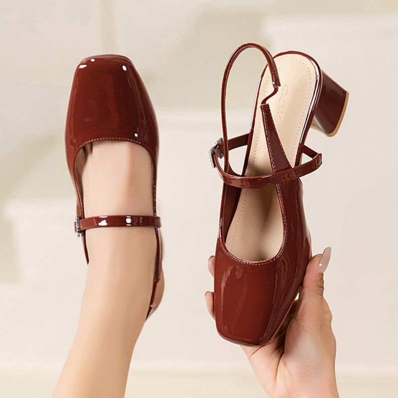 xsrrr High Heels Mary Jane Sandals Women Summer Red Patent Leather Slingbacks Pumps Woman Square Toe Thick Heeled Shoes Ladies