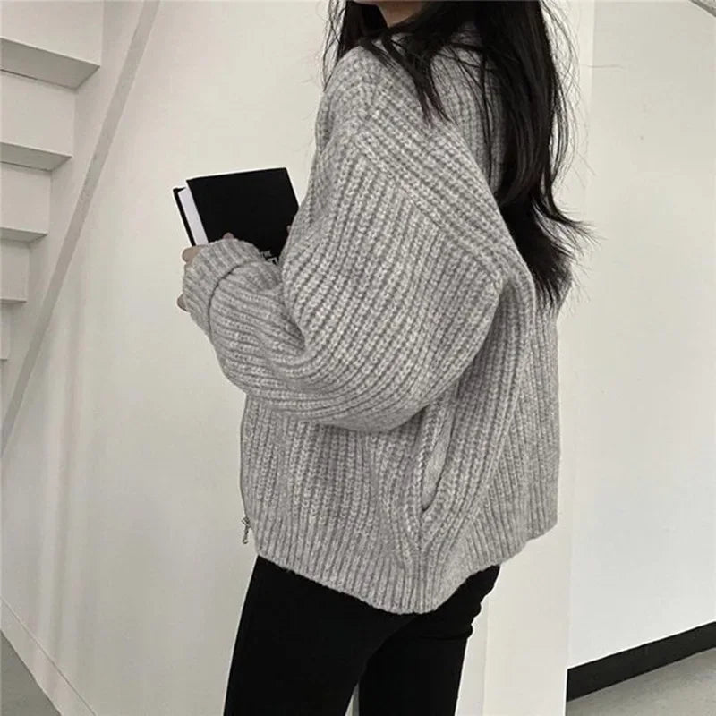 xsrrr Autumn Women's Knitted Jacket New Korean Chic Casual Sweater Coat Solid Color Zipper Thick O Neck Cardigans Women