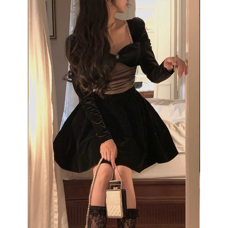 xsrrr Winter One Piece Dress Korean Ladies Black Fashion Elegant Velvet Dress Female Vintage Long Sleeve Evening Party Midi Dress