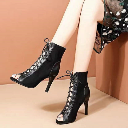 xsrrr Lace-Up Sandals Heels 9CM Women's Shoes Summer Trend Black Sexy Peep Toe Boots Fashion Cloth Stilettos Jazz Dance Female