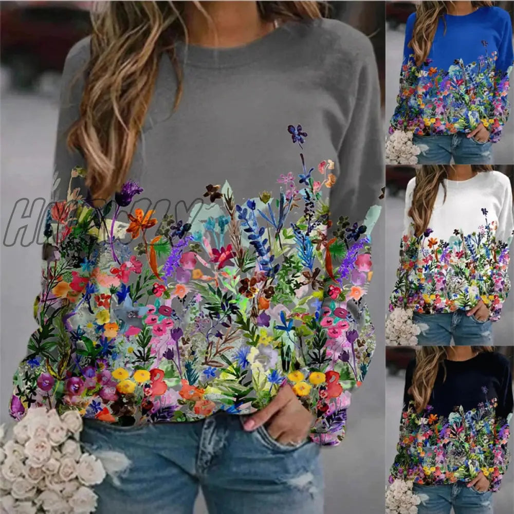 Autumn and Winter Women's Flower Print Top Loose Long-sleeved Round Neck Sweater Women's Casual Pullover All-match T-shirt Ugly Christmas Sweater