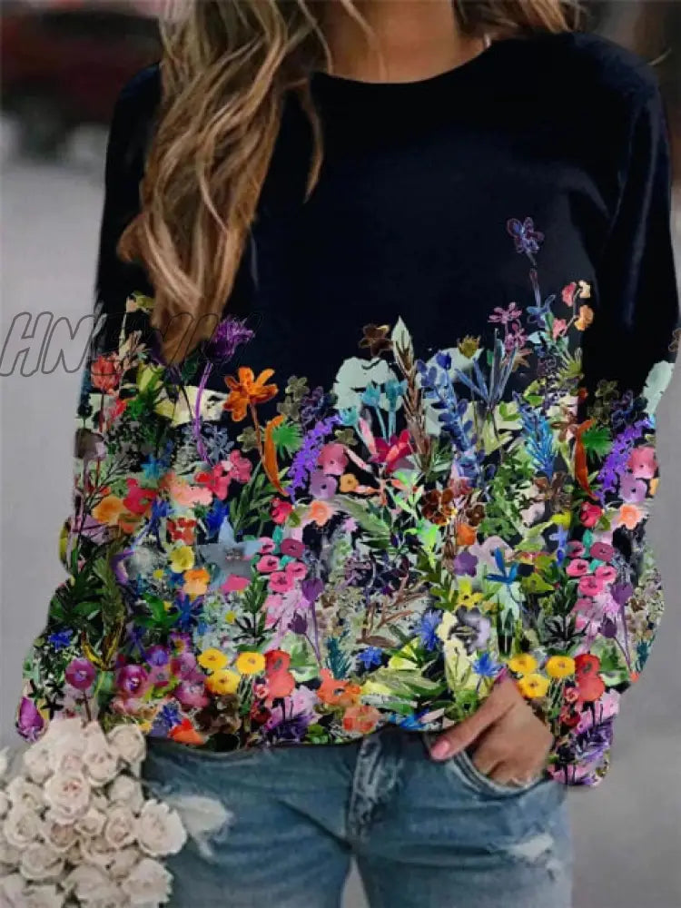 Autumn and Winter Women's Flower Print Top Loose Long-sleeved Round Neck Sweater Women's Casual Pullover All-match T-shirt Ugly Christmas Sweater