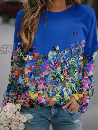 Autumn and Winter Women's Flower Print Top Loose Long-sleeved Round Neck Sweater Women's Casual Pullover All-match T-shirt Ugly Christmas Sweater