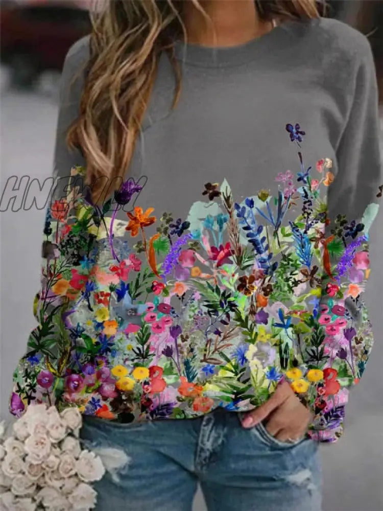 Autumn and Winter Women's Flower Print Top Loose Long-sleeved Round Neck Sweater Women's Casual Pullover All-match T-shirt Ugly Christmas Sweater